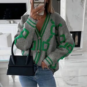 Green and Gray Casual Knit Oversized Cardigan Sz XXL